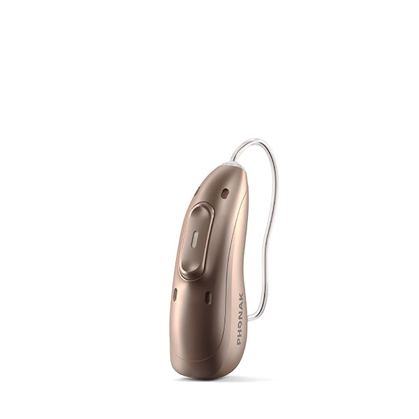 Phonak Audéo hearing aid in a sandalwood finish